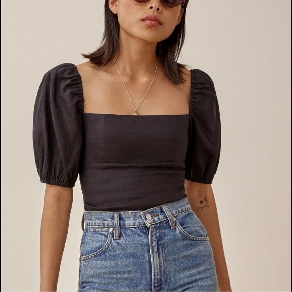 Reformation Black Square Neck Puff-Sleeve Crop Top